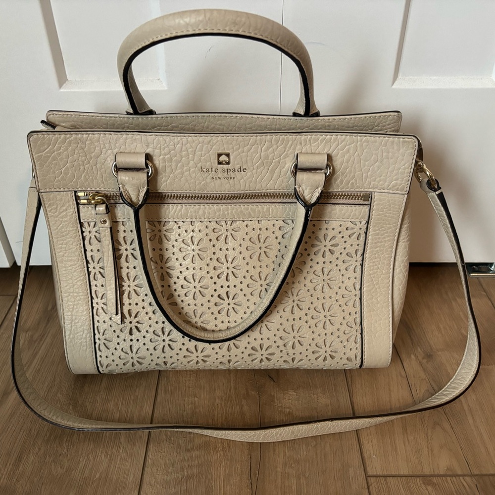 Kate Spade Cream Floral Cutout Handbag Genuine Leather